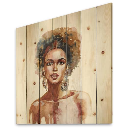 Designart - Portrait of African American Woman V - Modern Print on Natural Pine Wood